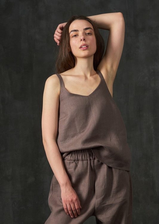 Gray/brown wide straps linen top