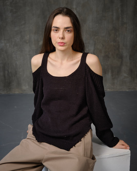 Black cotton sweater with open shoulders
