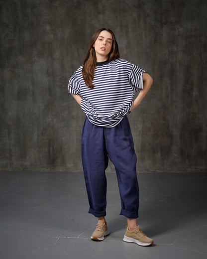 High-rise linen tapered bright blue pants