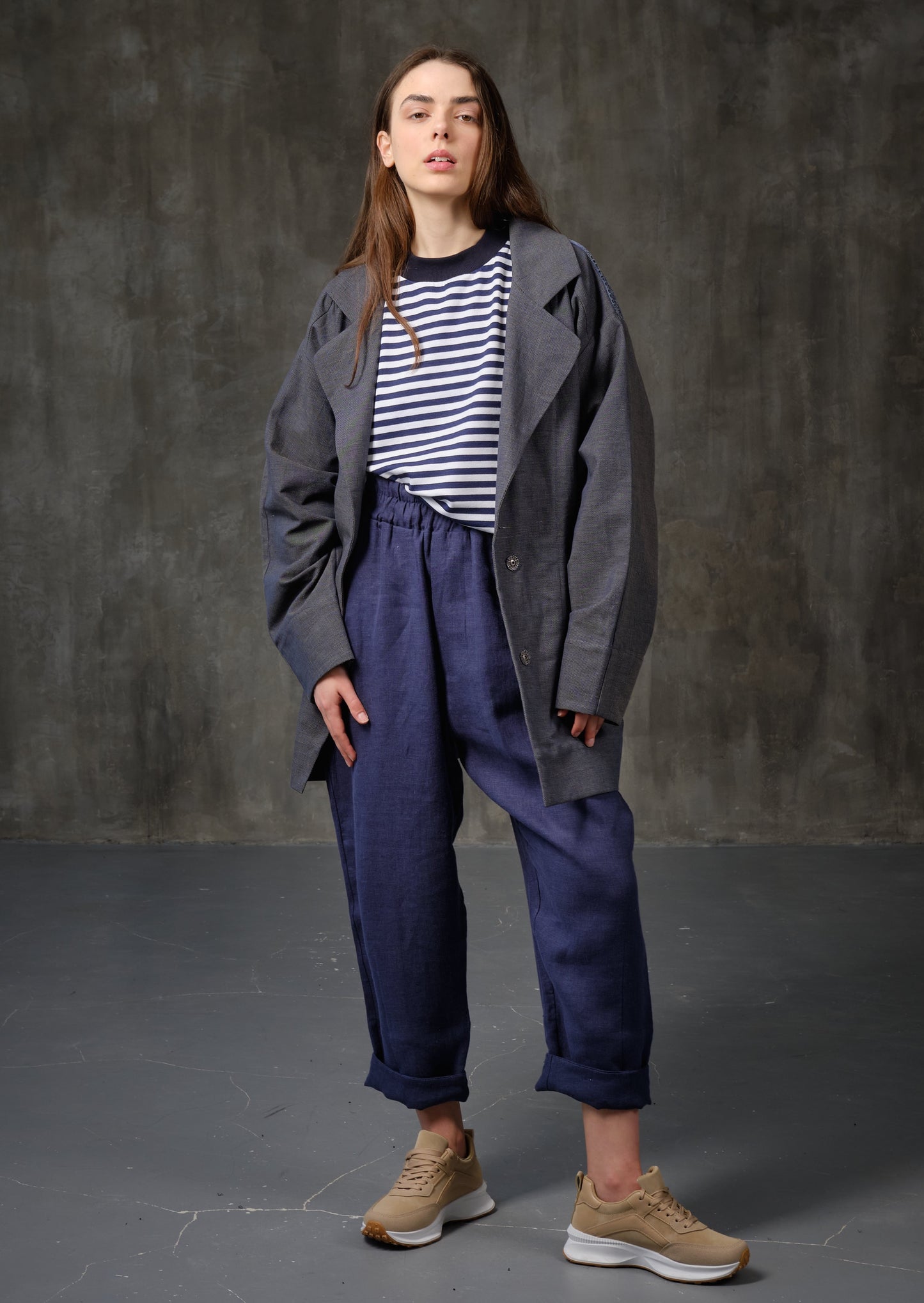 High-rise linen tapered bright blue pants