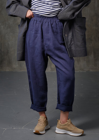 High-rise linen tapered bright blue pants