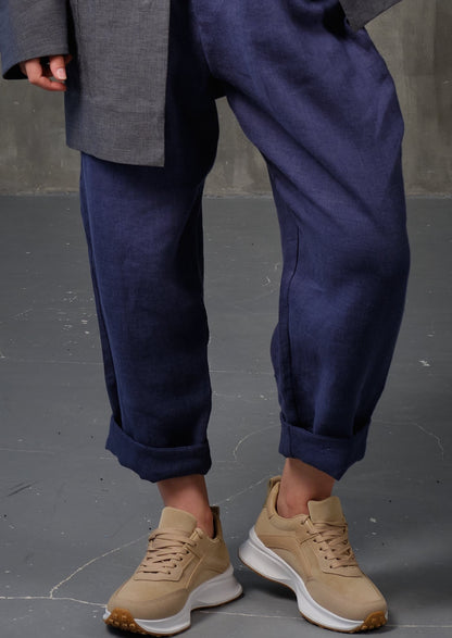 High-rise linen tapered bright blue pants