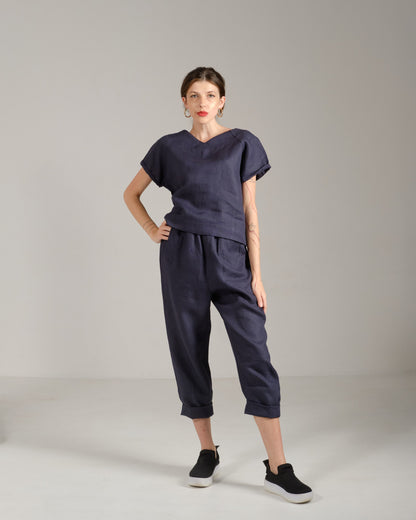 High-rise linen tapered navy blue pants