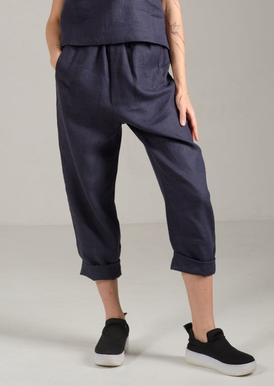 High-rise linen tapered navy blue pants