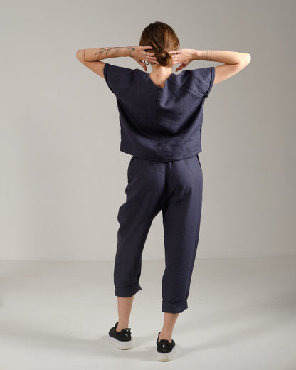 High-rise linen tapered navy blue pants