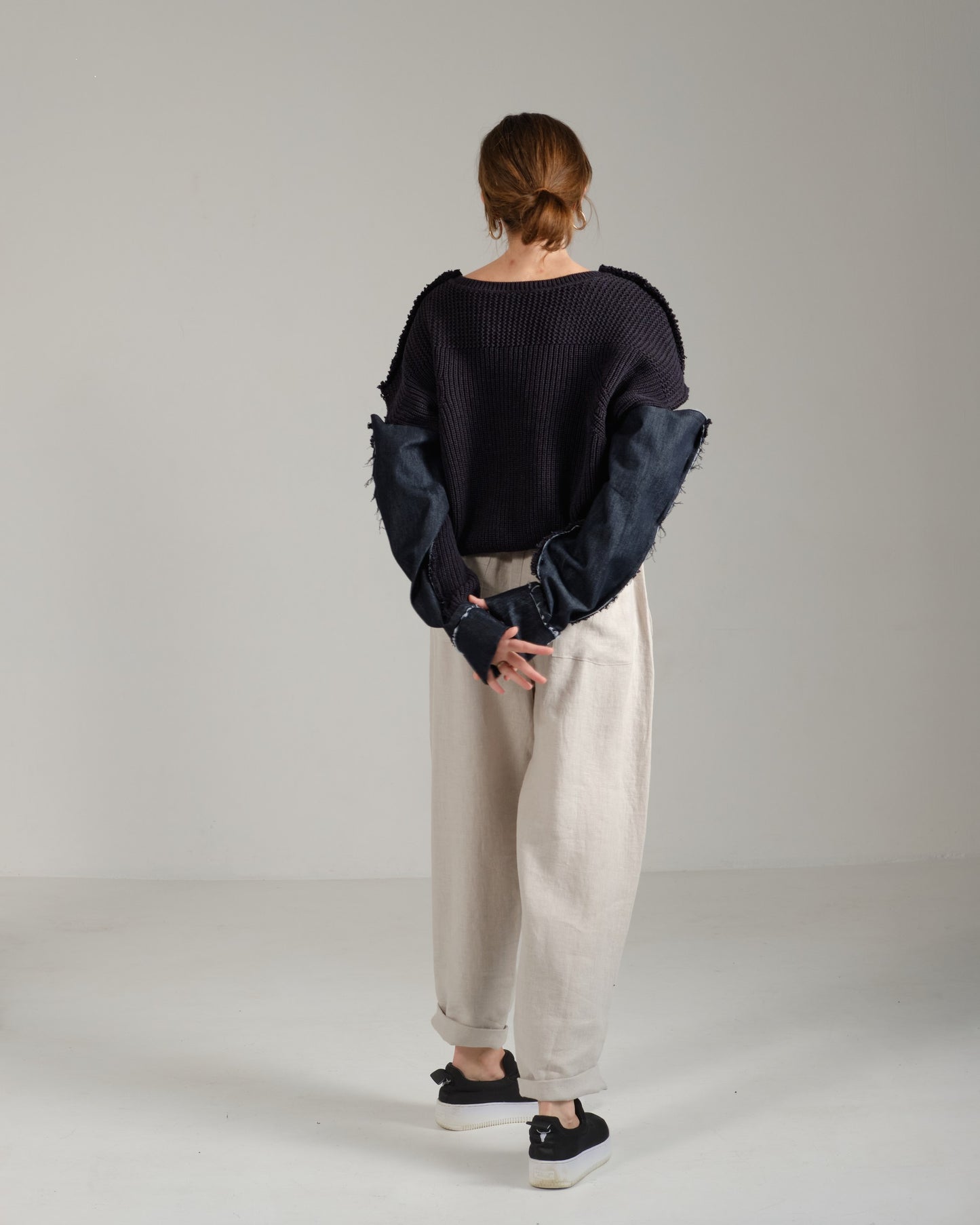 Reworked vintage blue cotton crop sweater with denim details