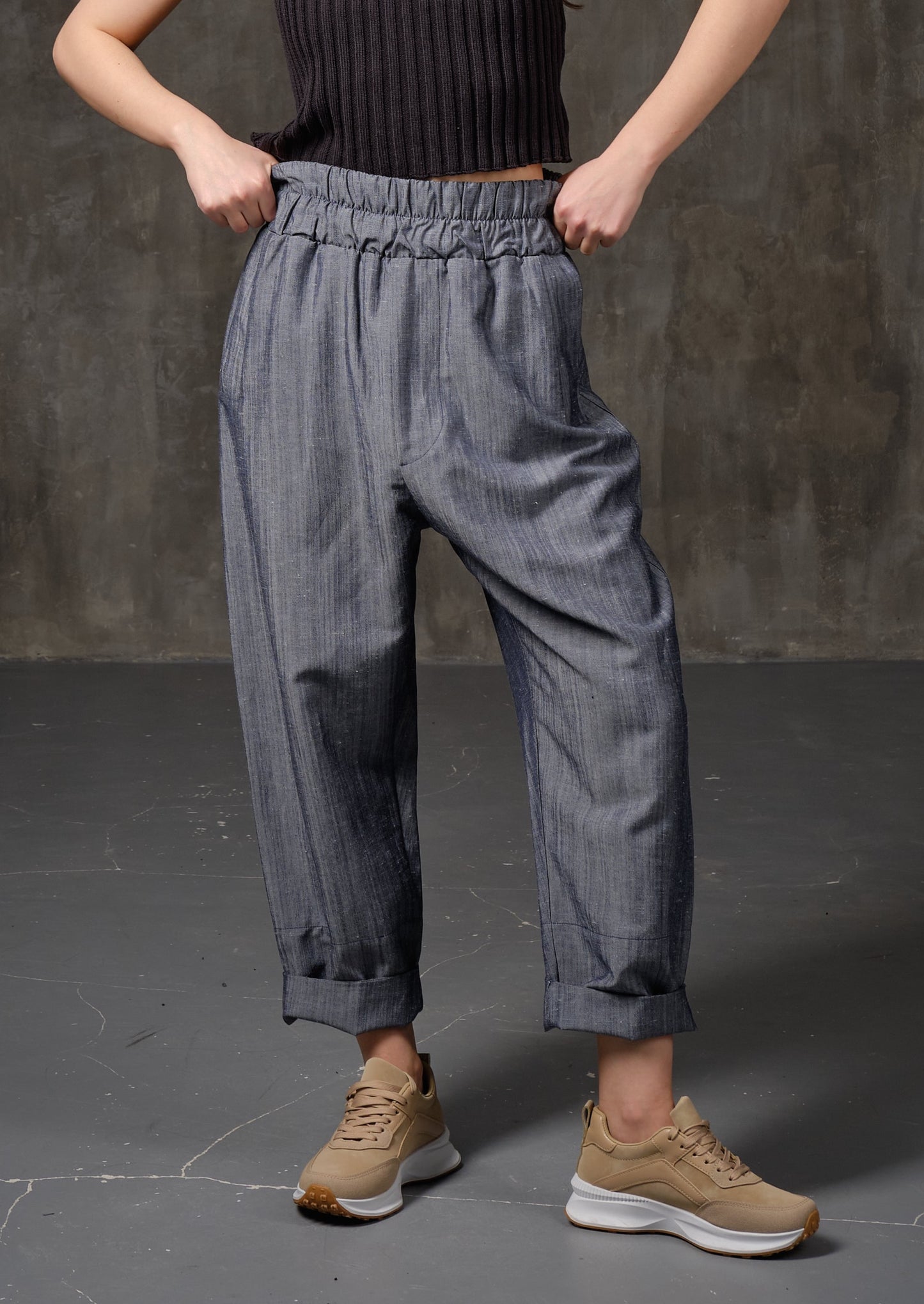 High-rise linen tapered bright blue pants