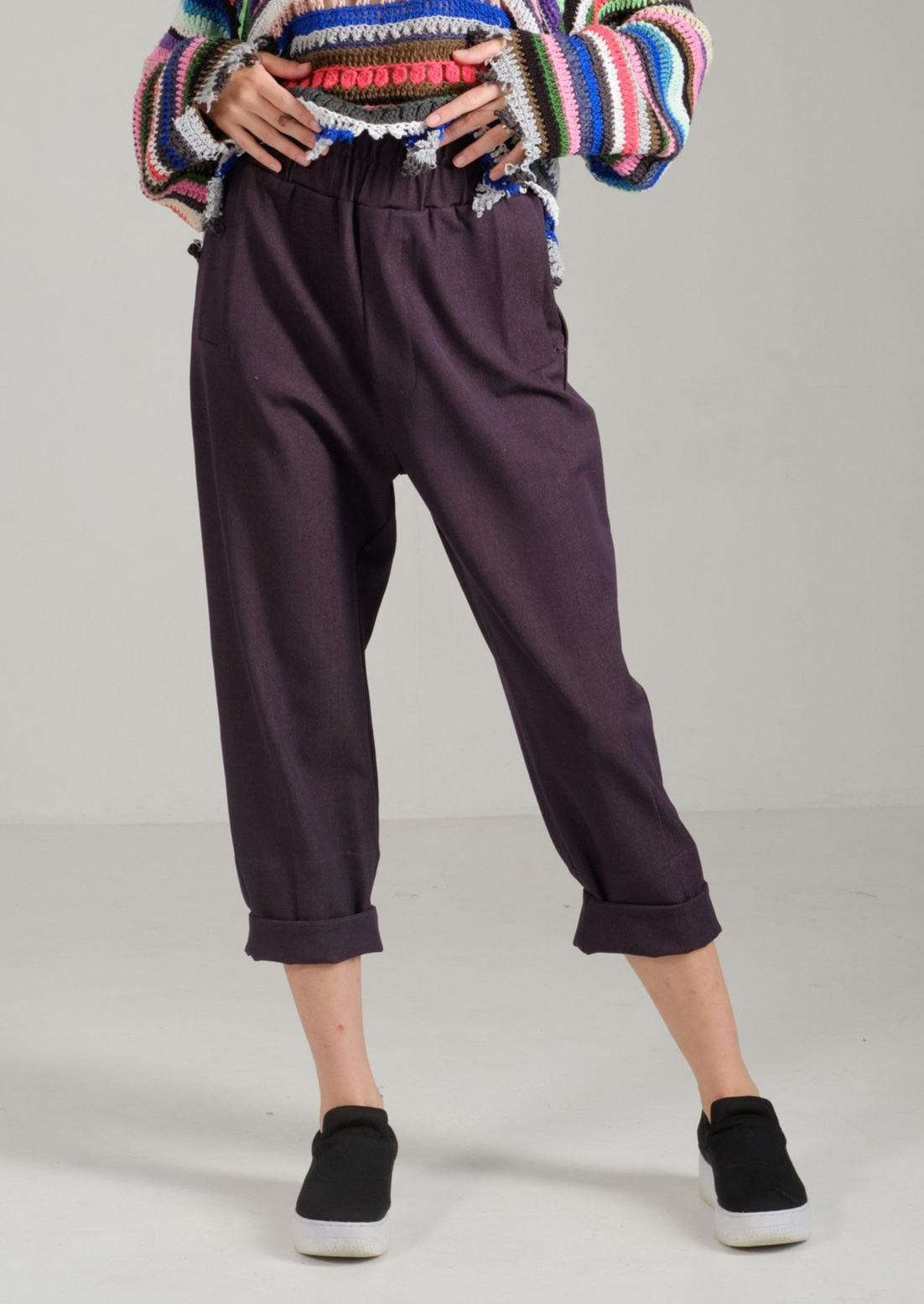 High-rise elastic jeans tapered violet pants