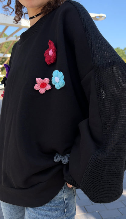 Світшот чорний бавовняний з оздобами - "квіти"