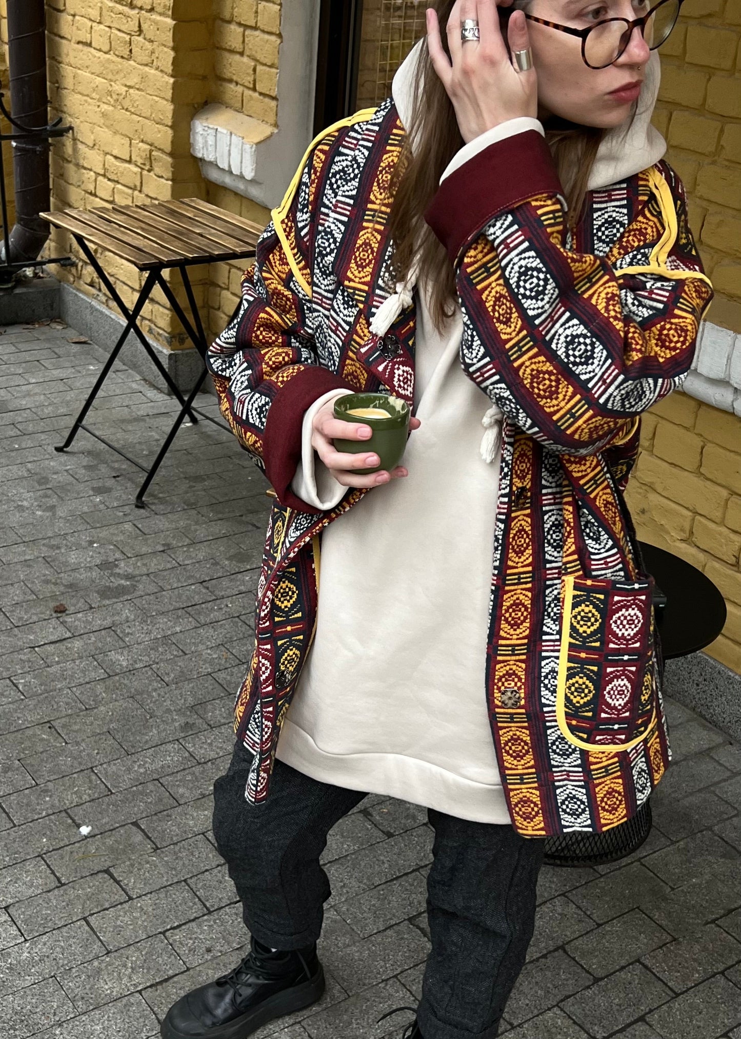 Cotton jacquard coat made of vintage fabric