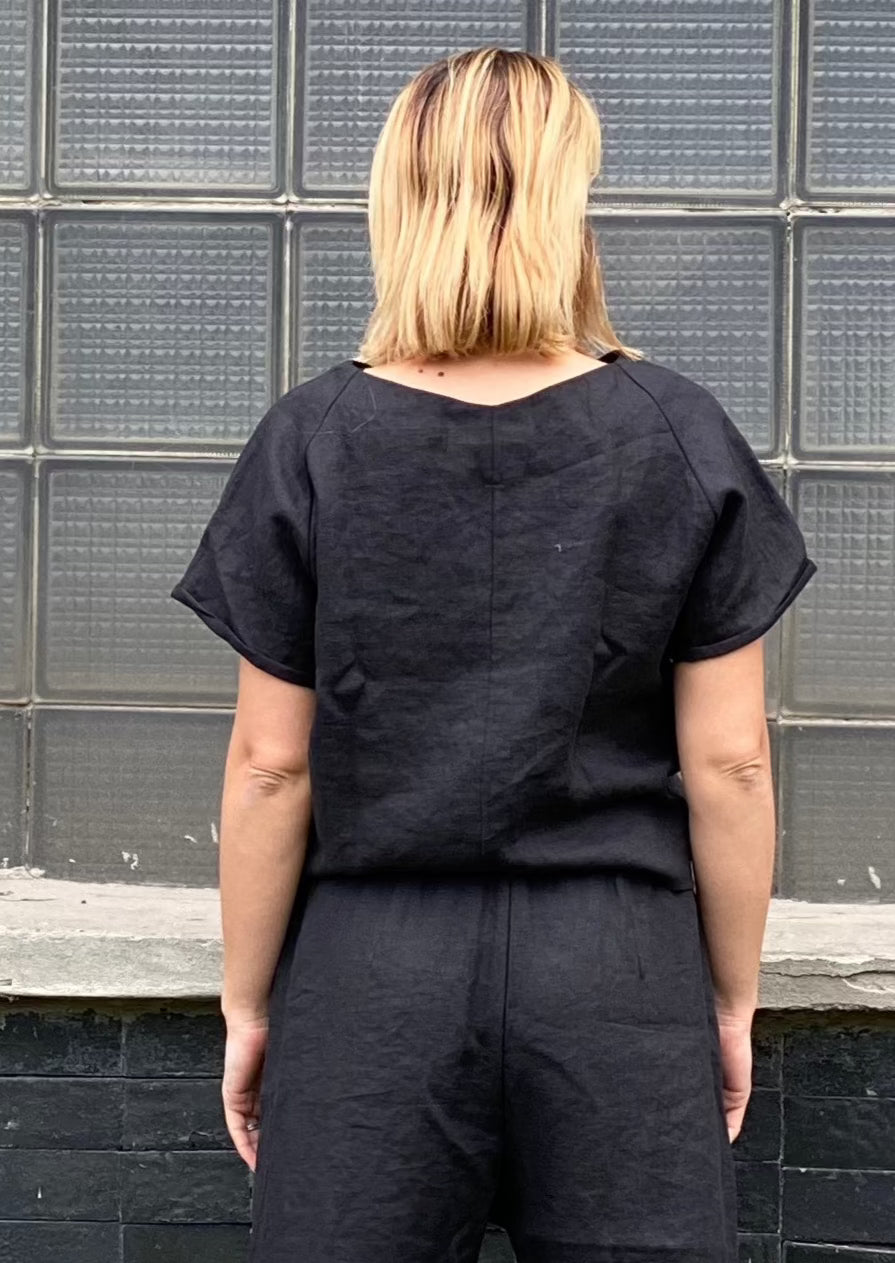 Black raglan linen blouse