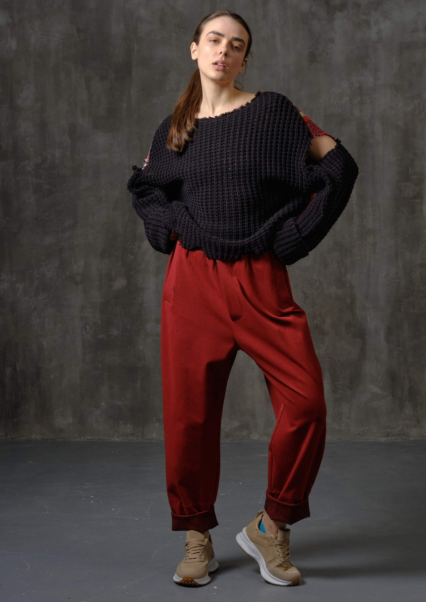 High-rise elastic jeans tapered red pants