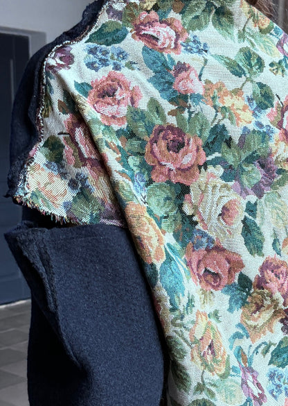 Blue wool sweater, open shoulders, with rose jacquard