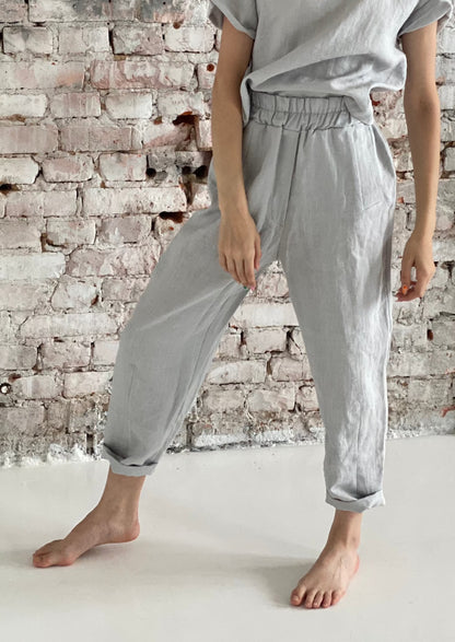 High-rise linen tapered light-gray pants