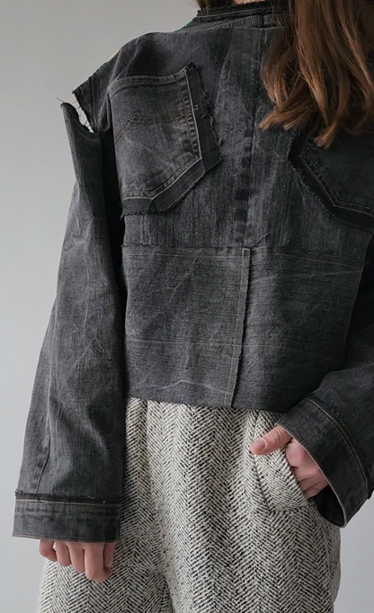 Shirt reworked light gray denim with red vintage jacquard