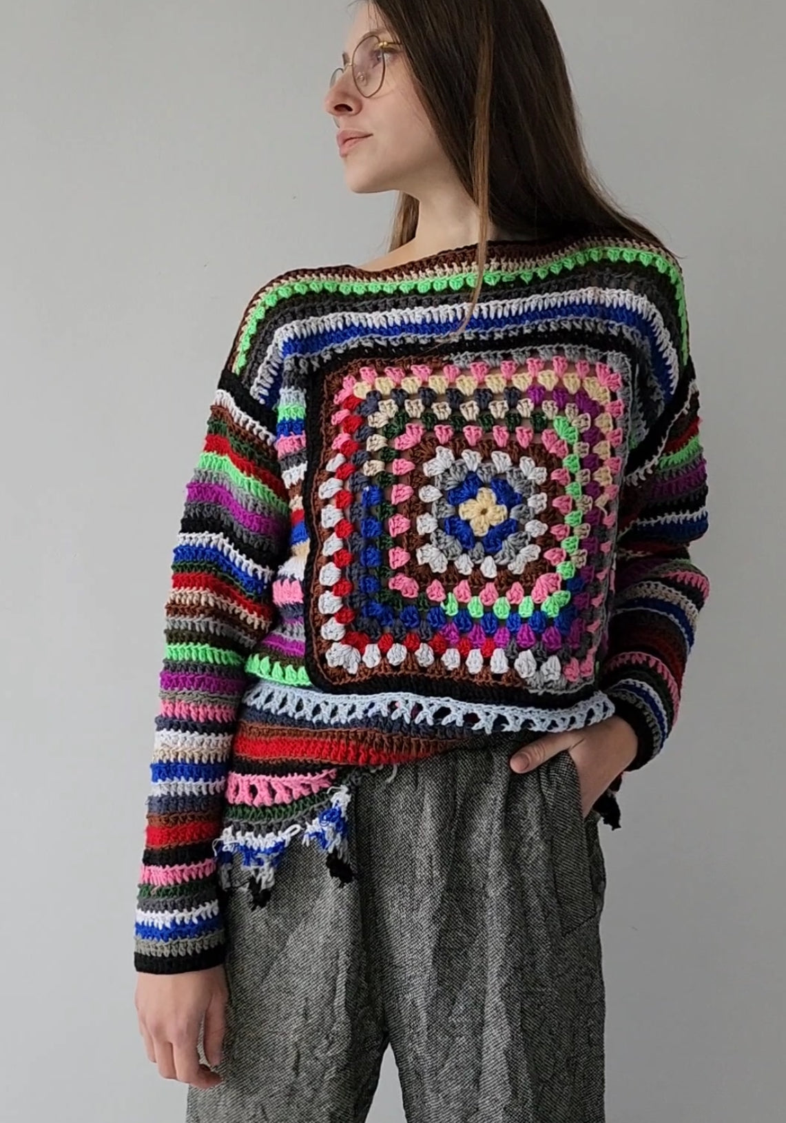 Hand-knitted cotton rasta fragment sweater