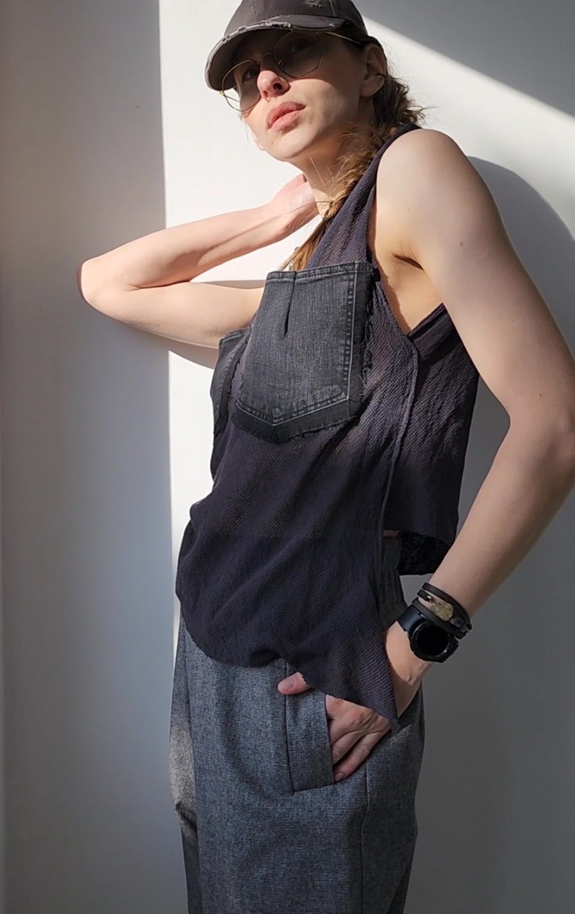 Black cotton mesh sweater