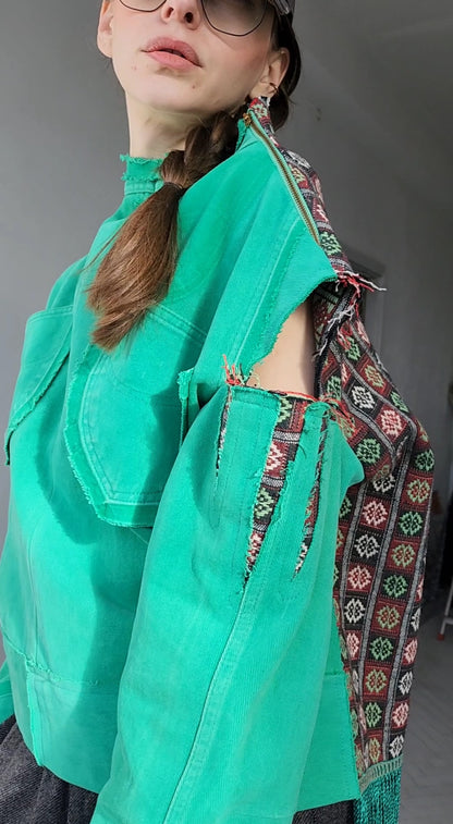 Green recycled denim shirt with vintage jacquard