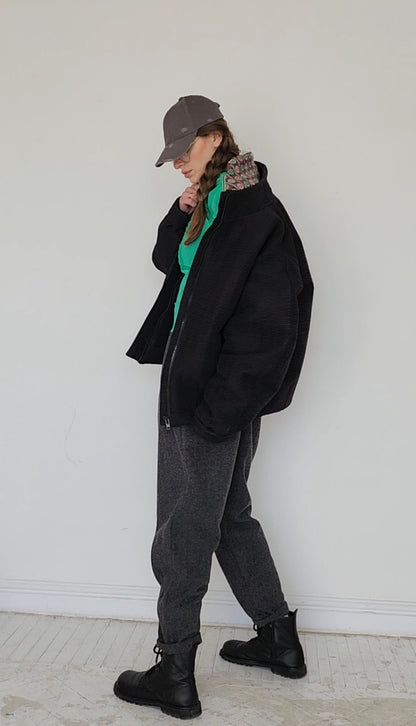 Black Basic Textured Oversize Bomber Jacket