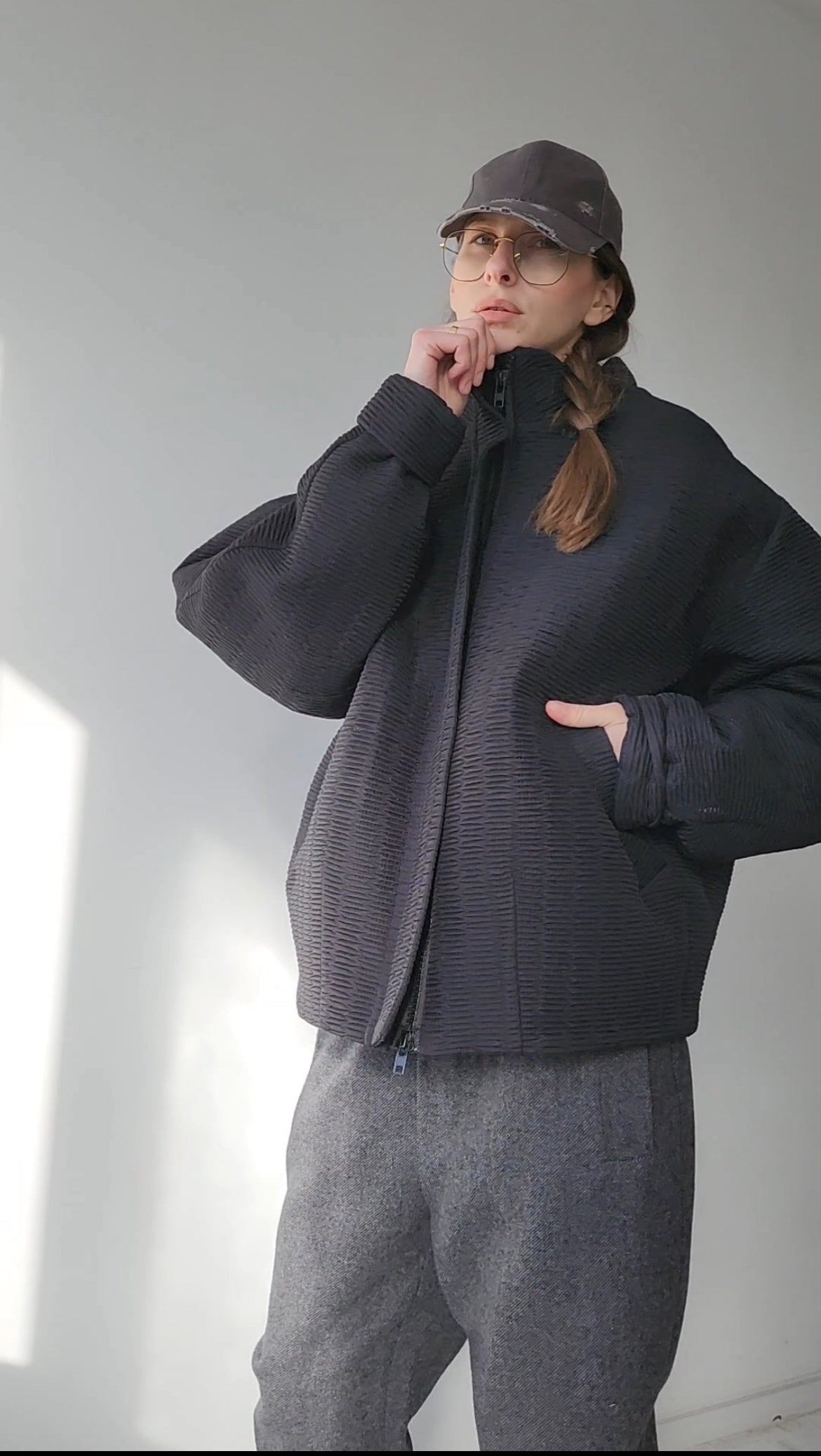 Black Basic Textured Oversize Bomber Jacket