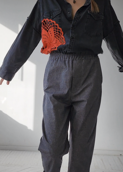 Recycled jeans shirt with knitted fragments