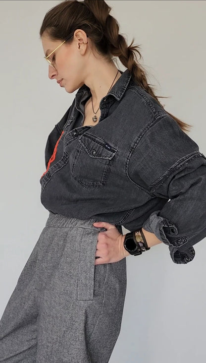 Recycled jeans shirt with knitted fragments