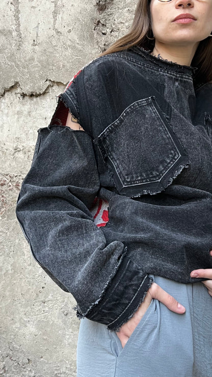 Shirt reworked light gray denim with red vintage jacquard