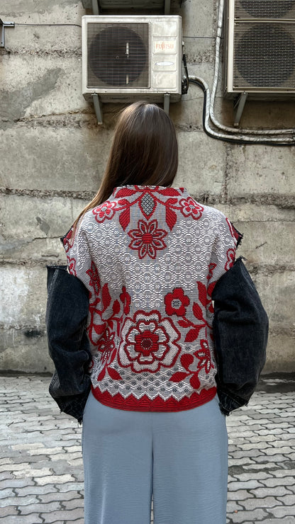 Shirt reworked light gray denim with red vintage jacquard