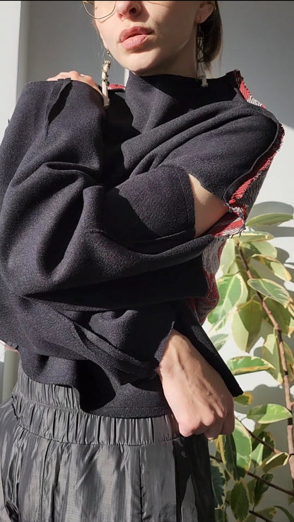 Black wool sweater with open shoulders and vintage floral jacquard