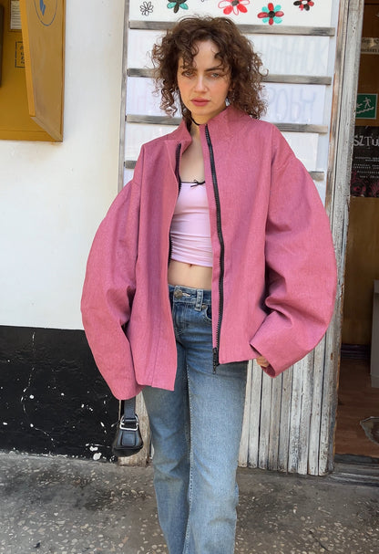 Рожевий бомбер з деніму  oversize з мандалою
