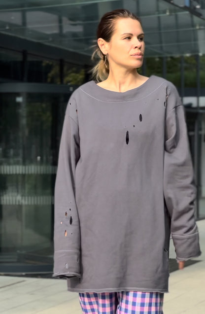 Hand-dyed graphite sweatshirt with perforations