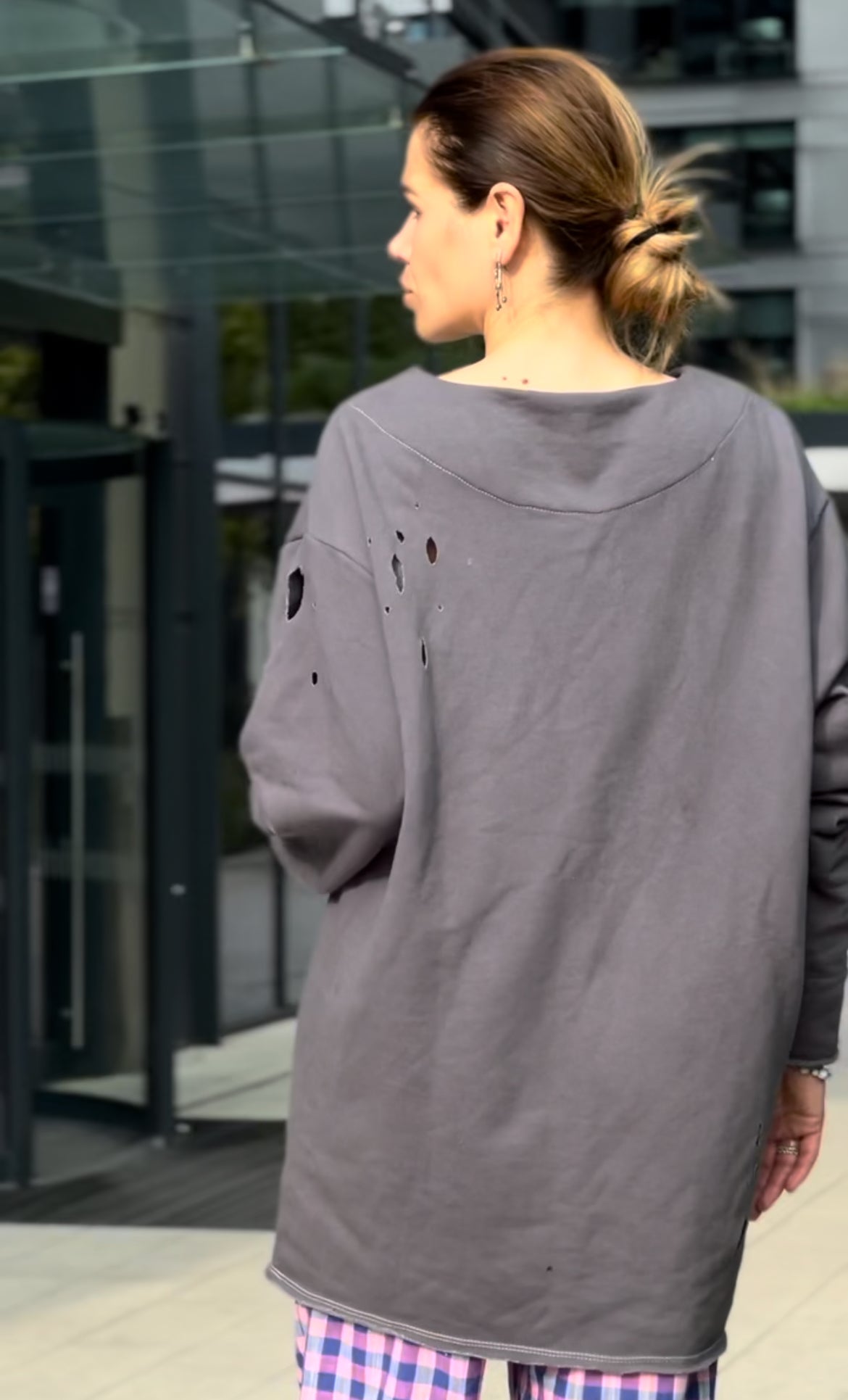 Hand-dyed graphite sweatshirt with perforations