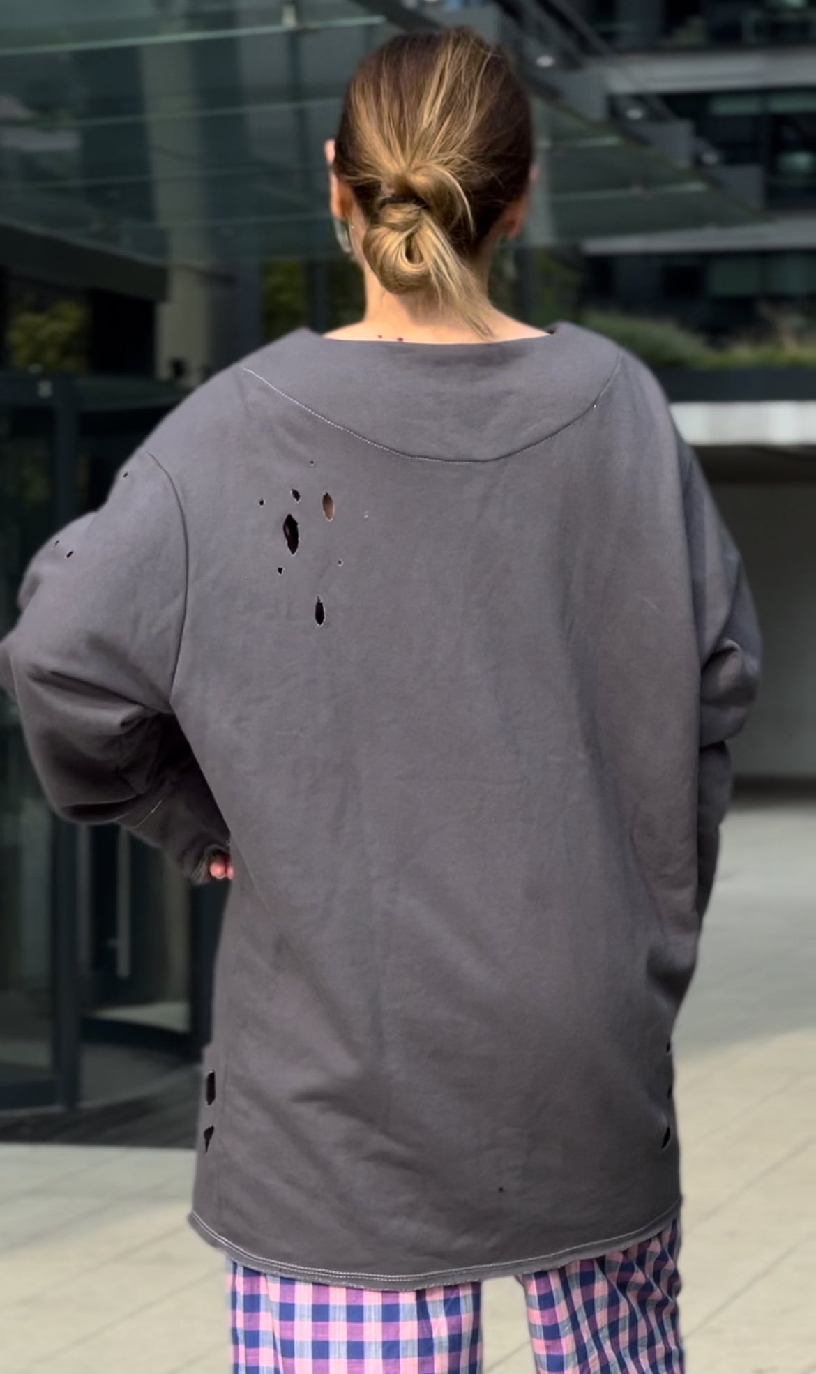 Hand-dyed graphite sweatshirt with perforations