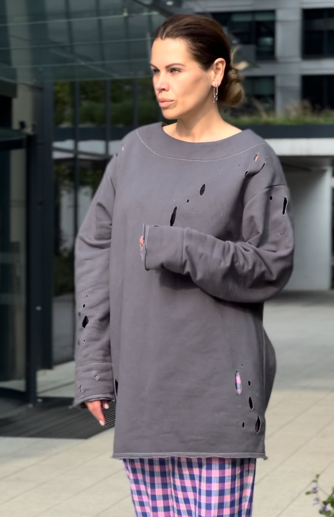 Hand-dyed graphite sweatshirt with perforations