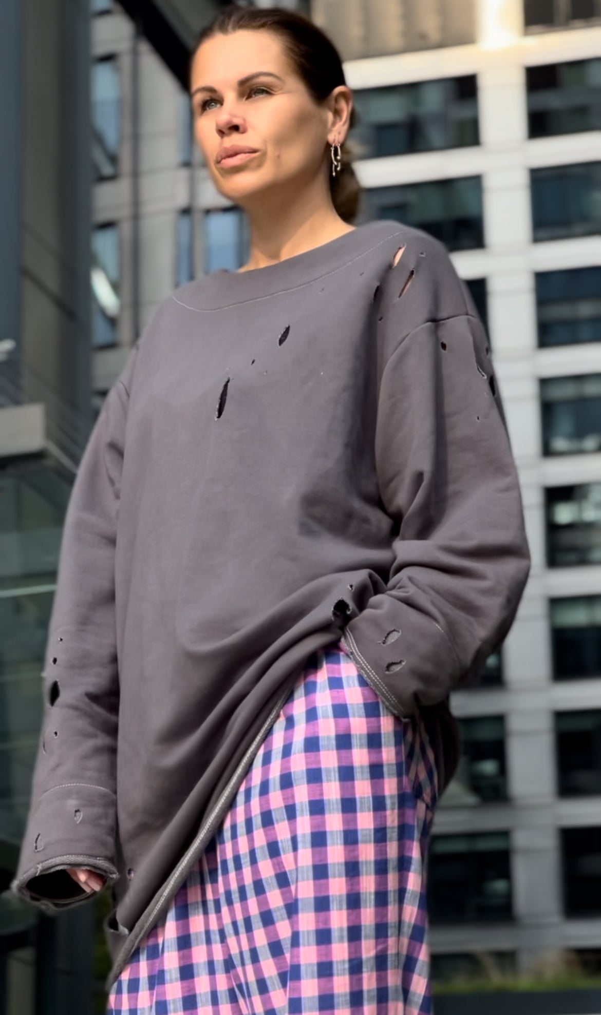Hand-dyed graphite sweatshirt with perforations