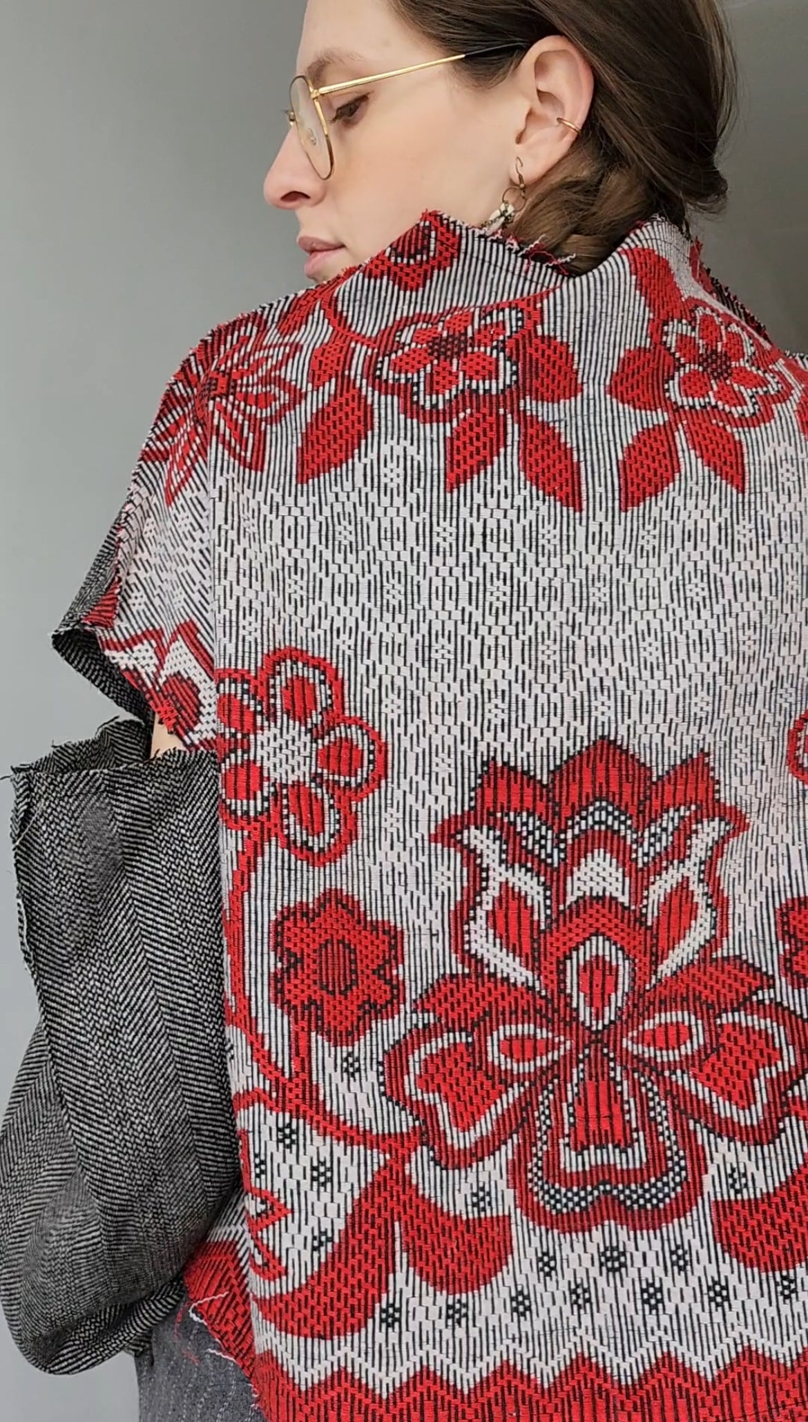 Herringbone wool tweed blouse with vintage floral jacquard on the back