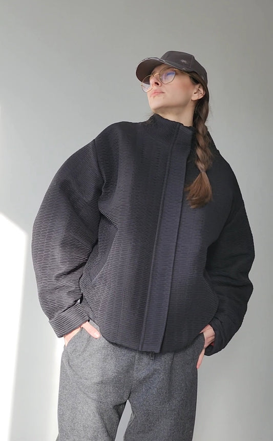 Black Basic Textured Oversize Bomber Jacket