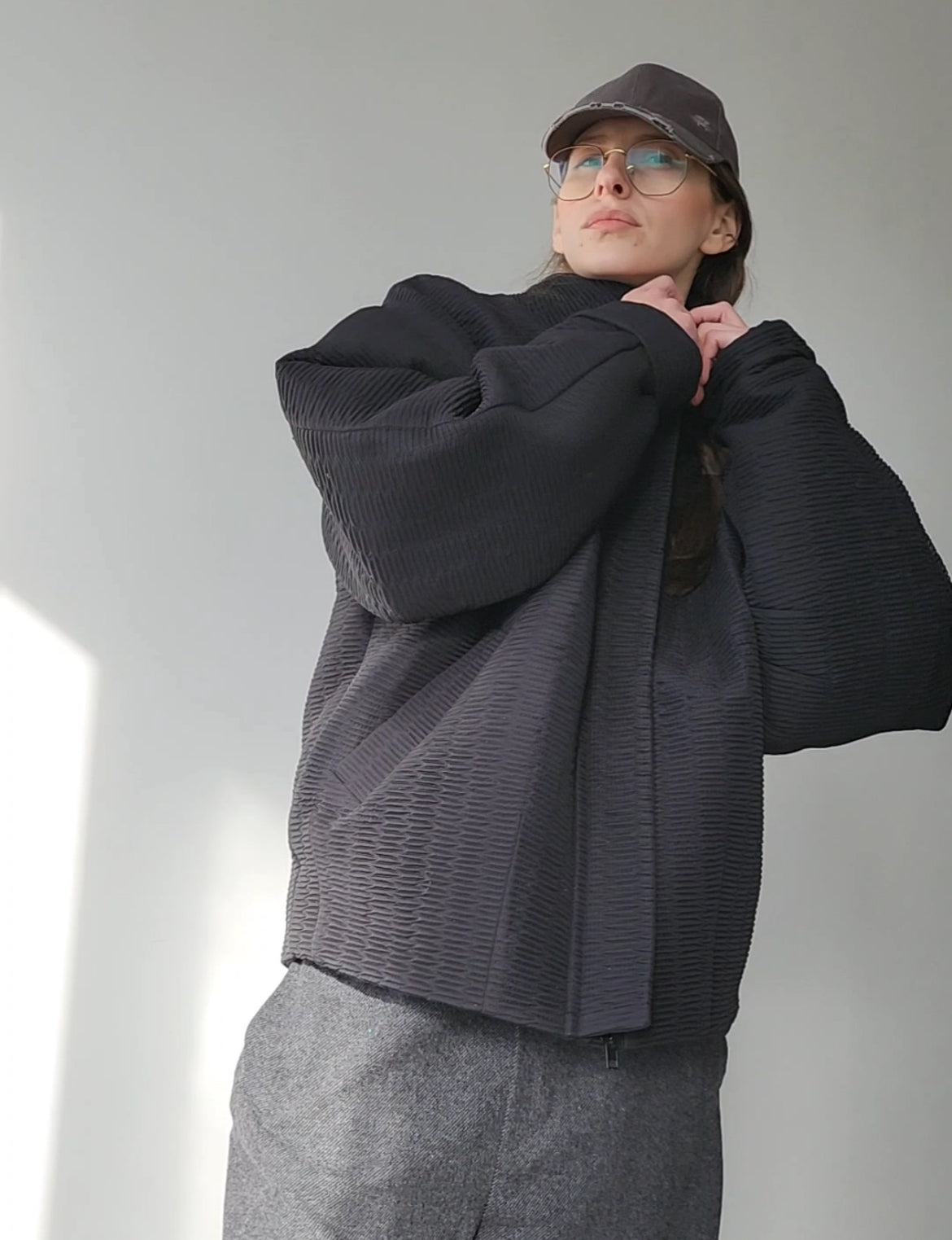 Black Basic Textured Oversize Bomber Jacket