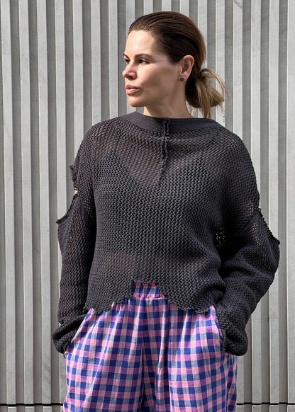 Black cotton mesh sweater