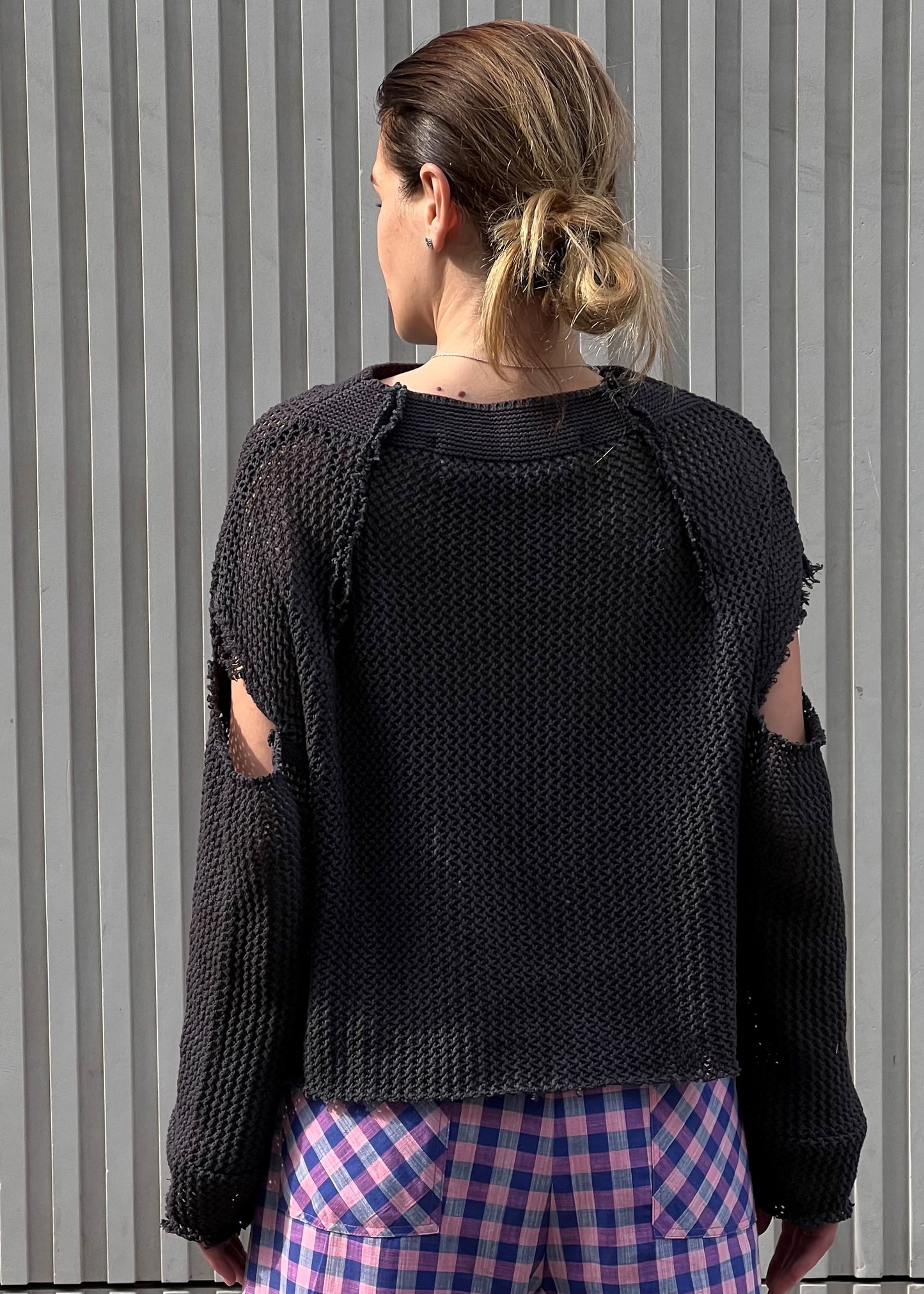 Black cotton mesh sweater