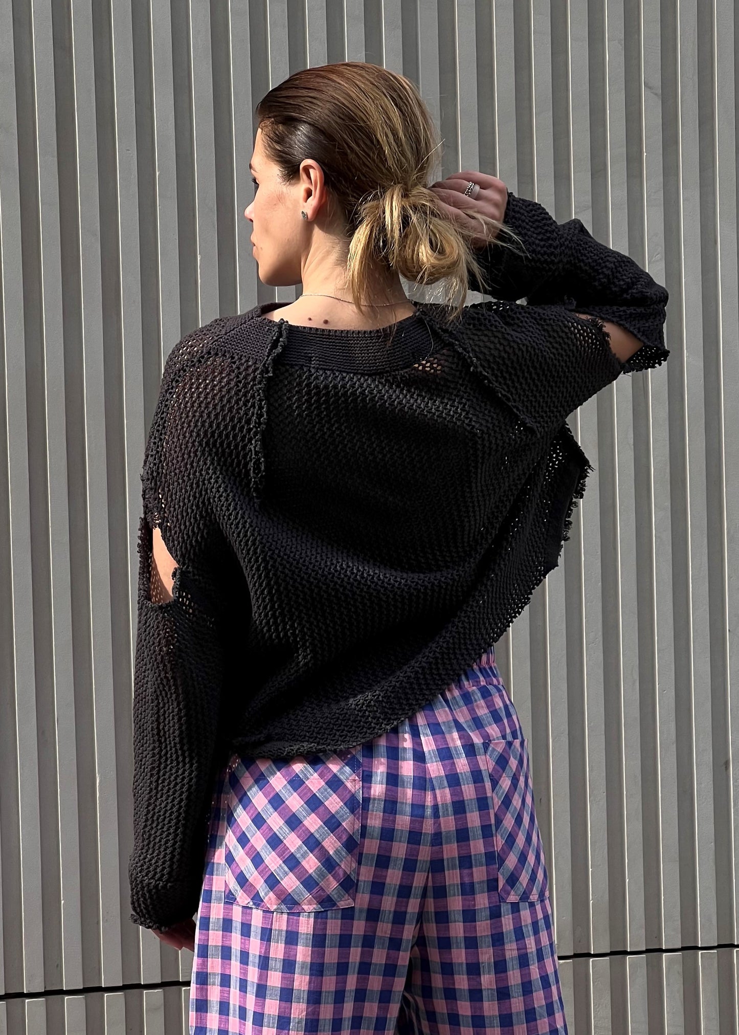 Black cotton mesh sweater