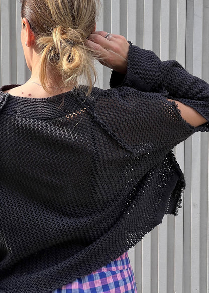 Black cotton mesh sweater