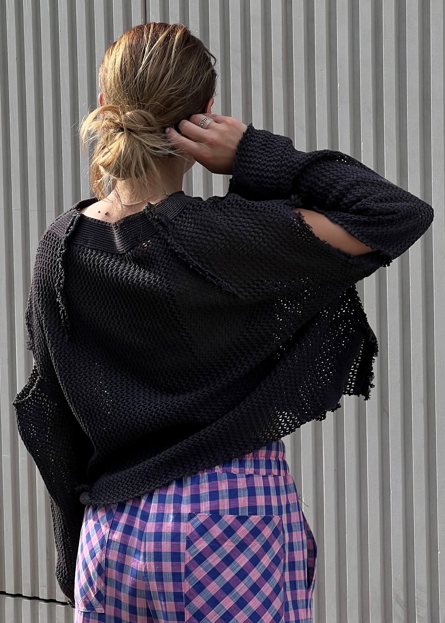 Black cotton mesh sweater