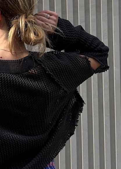 Black cotton mesh sweater