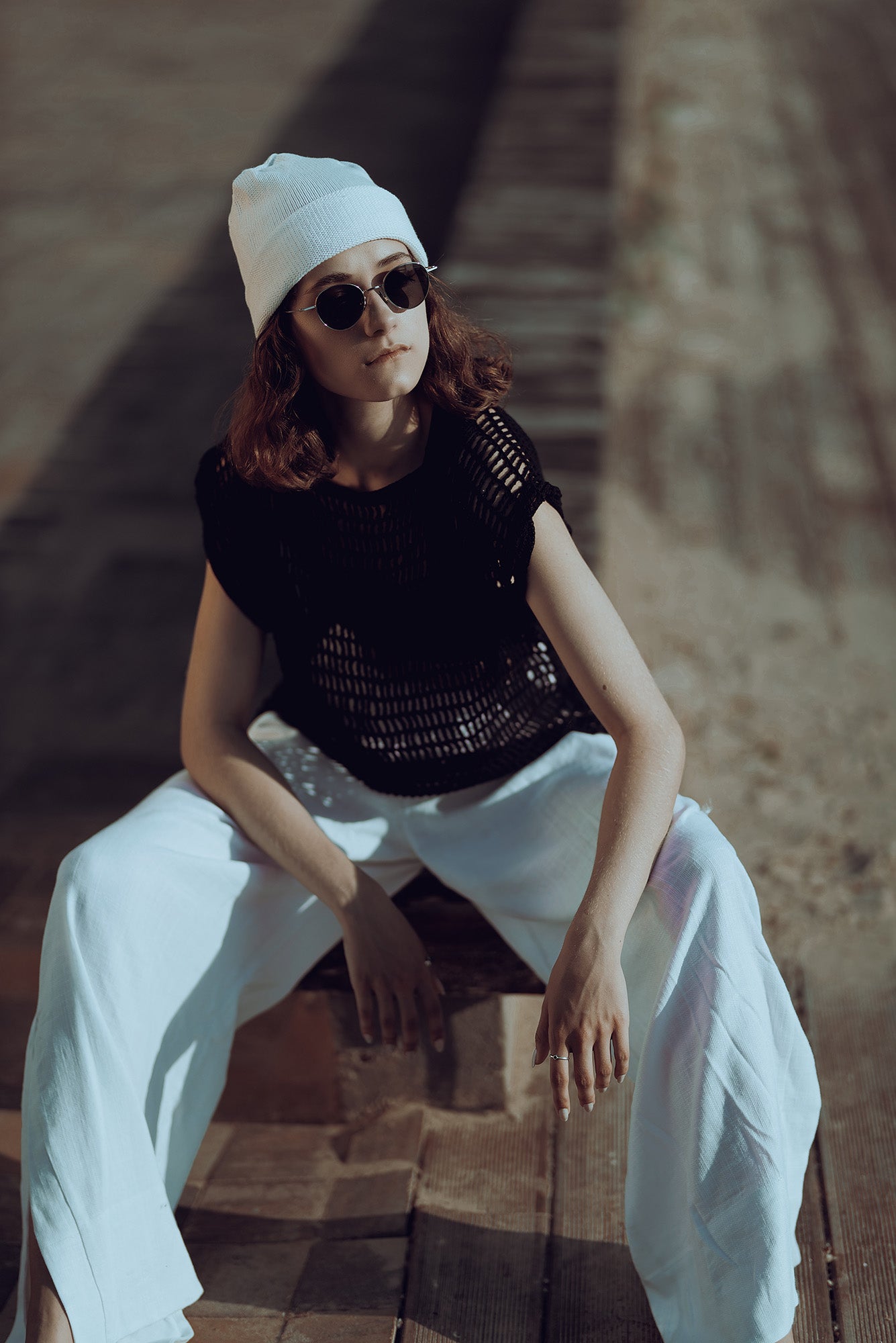 Summer cotton white hat with a turn-up