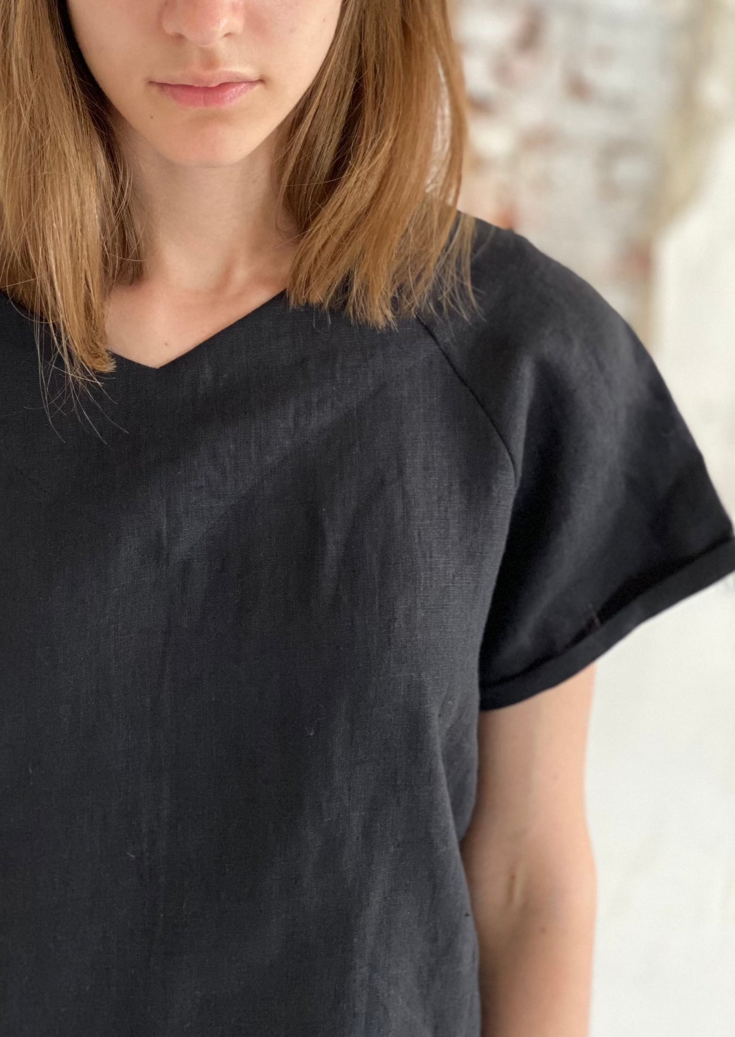 Black raglan linen blouse