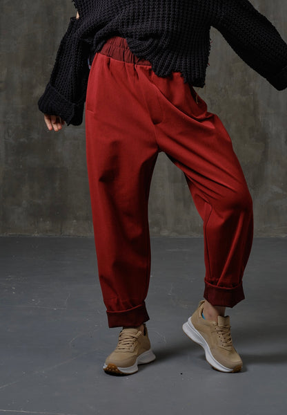 High-rise elastic jeans tapered red pants