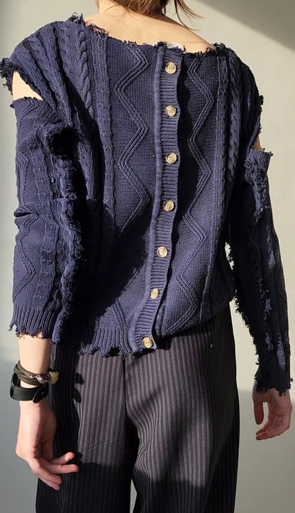 Reworked black cotton sweater with denim sleeves