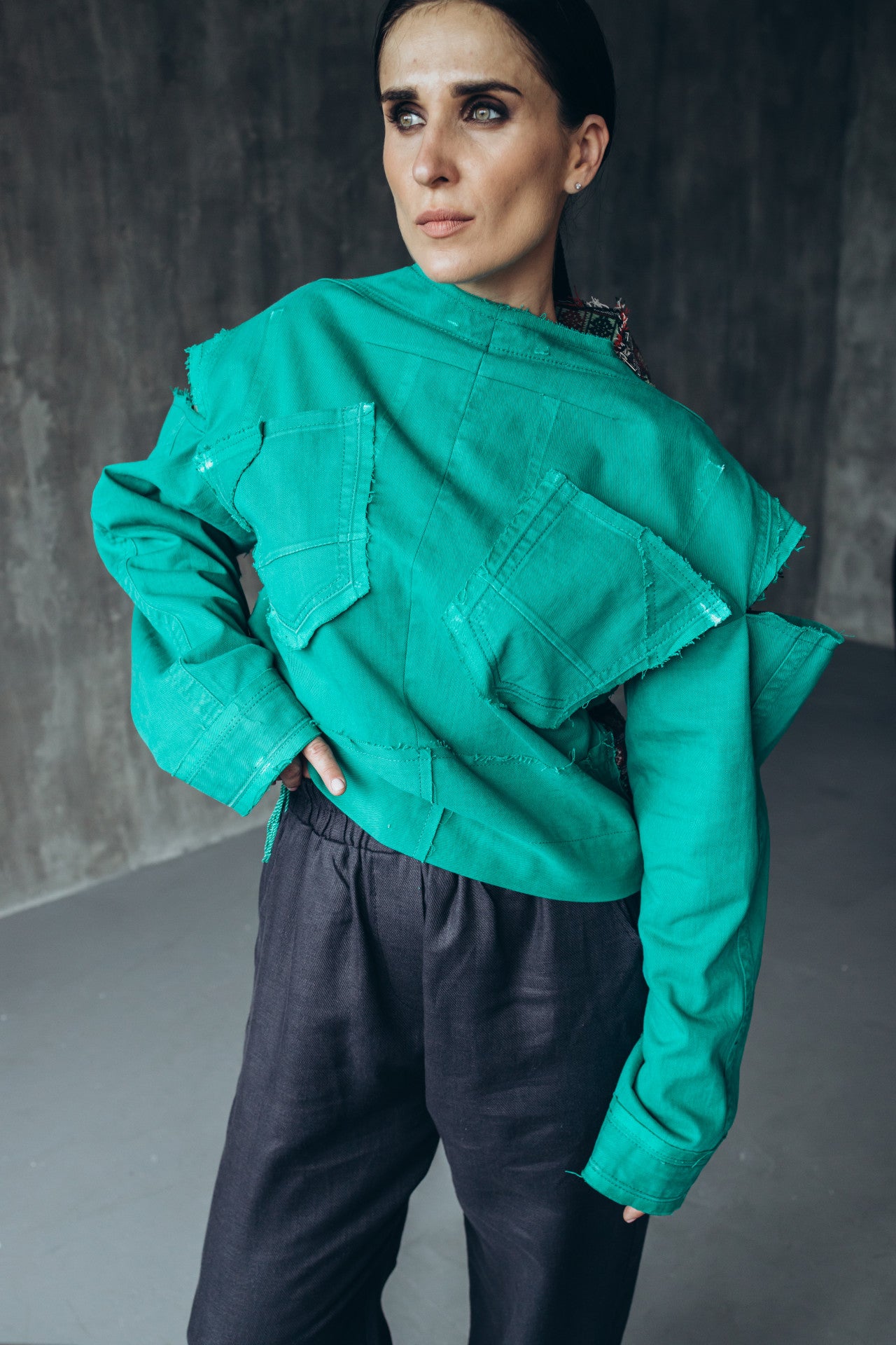 Reworked green denim shirt with a vintage ethnic back