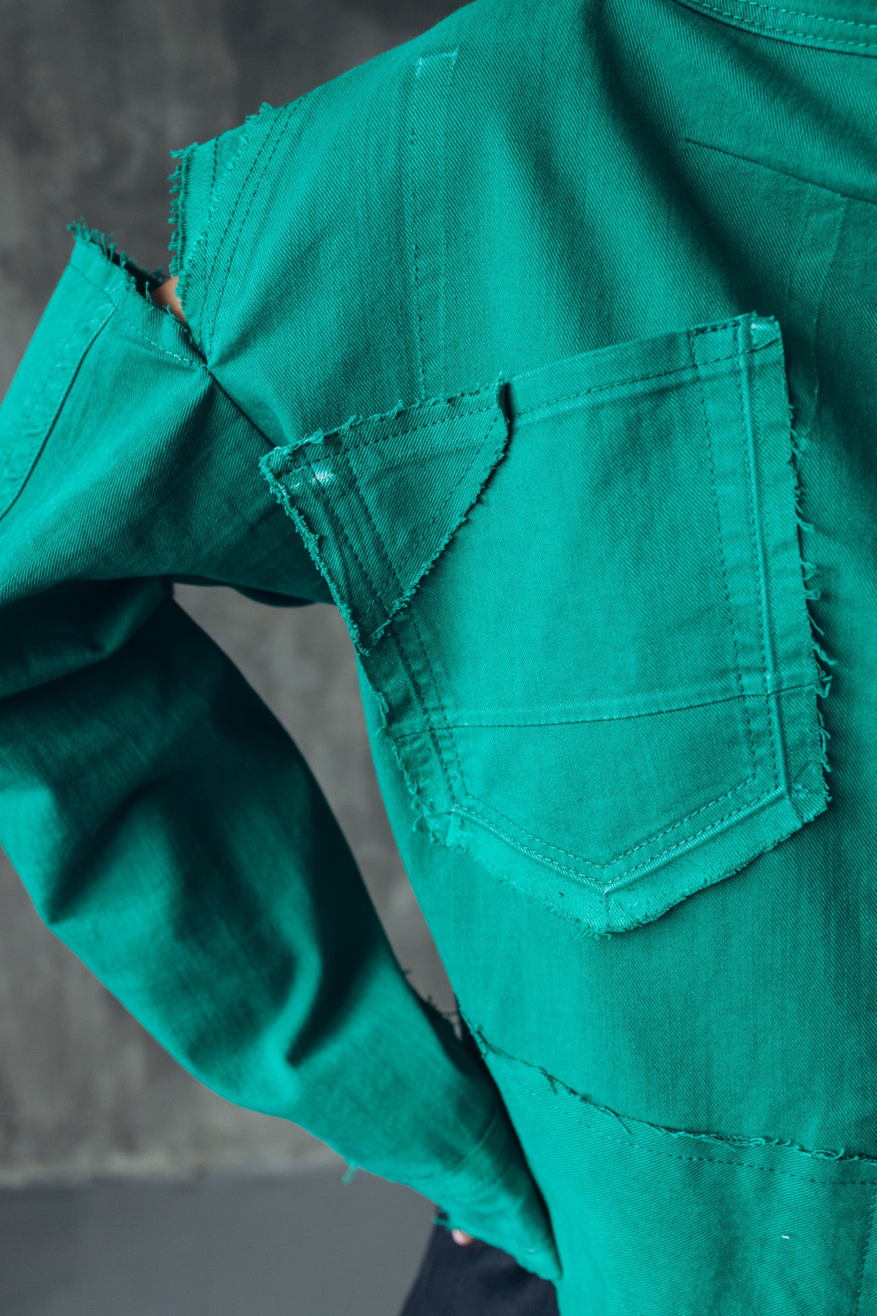 Reworked green denim shirt with a vintage ethnic back